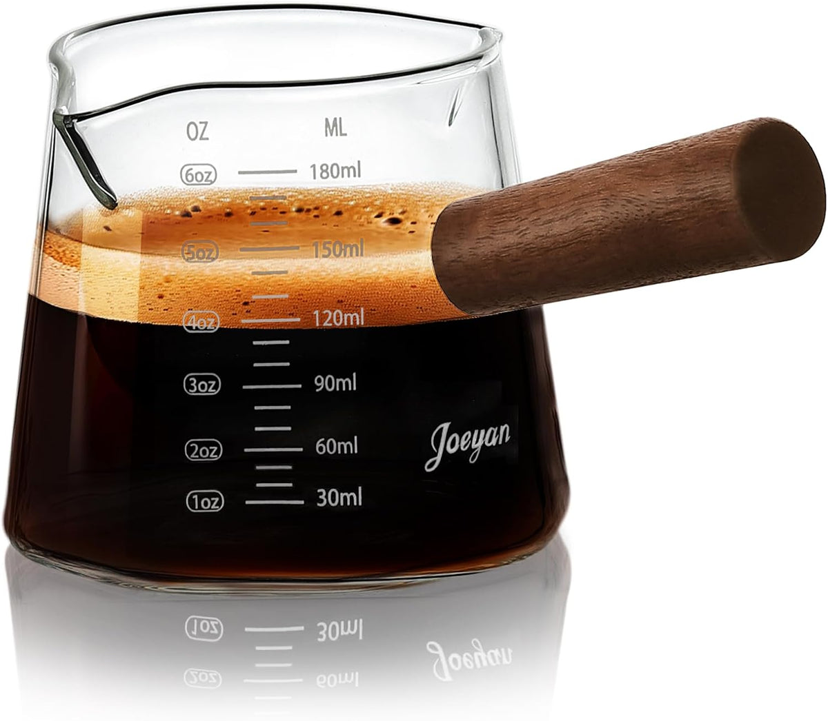 Joeyan 6 oz Grey Glass Measuring Cups with Spout,Borosilicate Glass Triple Pitcher with Scale,Origami Style Espresso Shot Glasses with Wood Handle for Coffee Milk,Dishwasher Safe