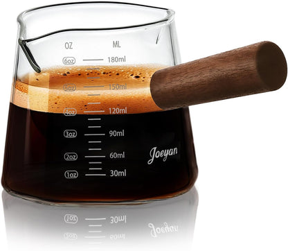 Joeyan 6 oz Grey Glass Measuring Cups with Spout,Borosilicate Glass Triple Pitcher with Scale,Origami Style Espresso Shot Glasses with Wood Handle for Coffee Milk,Dishwasher Safe