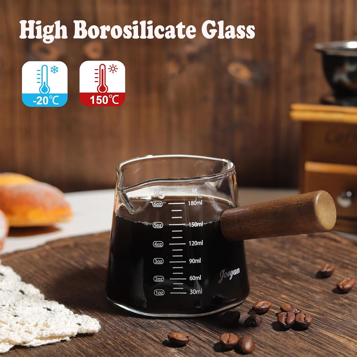 Joeyan 6 oz Grey Glass Measuring Cups with Spout,Borosilicate Glass Triple Pitcher with Scale,Origami Style Espresso Shot Glasses with Wood Handle for Coffee Milk,Dishwasher Safe
