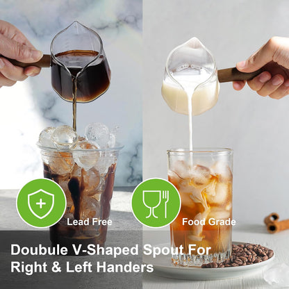 Joeyan 6 oz Grey Glass Measuring Cups with Spout,Borosilicate Glass Triple Pitcher with Scale,Origami Style Espresso Shot Glasses with Wood Handle for Coffee Milk,Dishwasher Safe