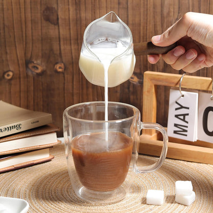 Joeyan 6 oz Grey Glass Measuring Cups with Spout,Borosilicate Glass Triple Pitcher with Scale,Origami Style Espresso Shot Glasses with Wood Handle for Coffee Milk,Dishwasher Safe
