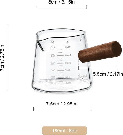 Joeyan 6 oz Grey Glass Measuring Cups with Spout,Borosilicate Glass Triple Pitcher with Scale,Origami Style Espresso Shot Glasses with Wood Handle for Coffee Milk,Dishwasher Safe