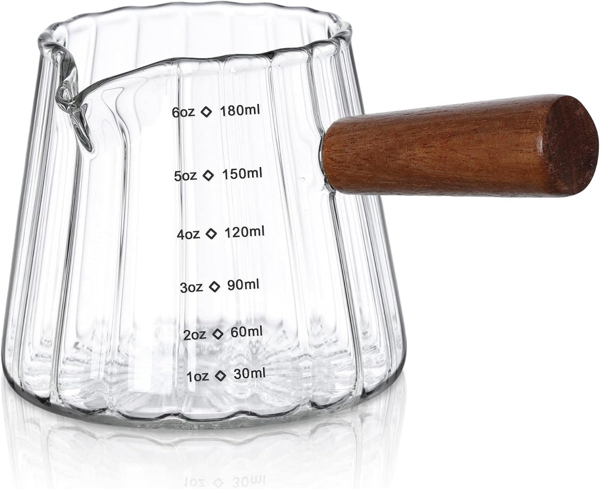 Joeyan 6 oz Grey Glass Measuring Cups with Spout,Borosilicate Glass Triple Pitcher with Scale,Origami Style Espresso Shot Glasses with Wood Handle for Coffee Milk,Dishwasher Safe