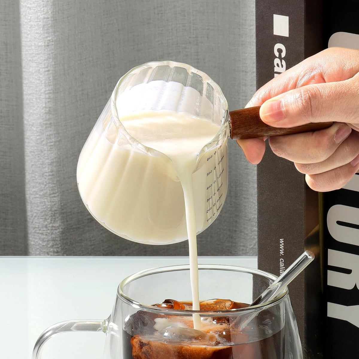 Joeyan 6 oz Grey Glass Measuring Cups with Spout,Borosilicate Glass Triple Pitcher with Scale,Origami Style Espresso Shot Glasses with Wood Handle for Coffee Milk,Dishwasher Safe