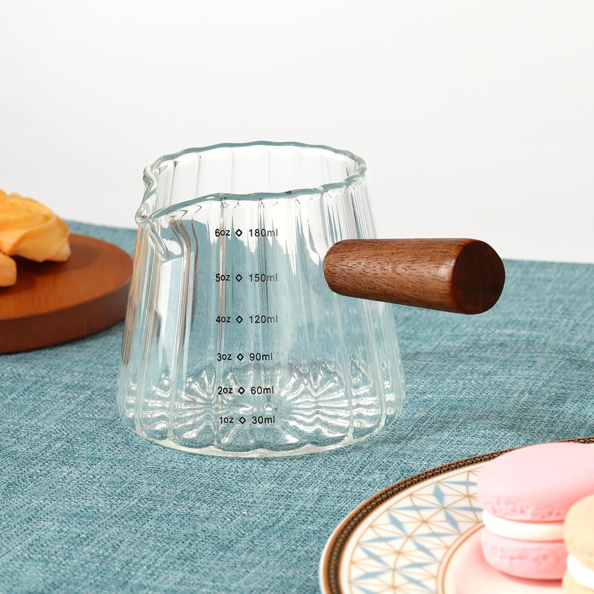Joeyan 6 oz Grey Glass Measuring Cups with Spout,Borosilicate Glass Triple Pitcher with Scale,Origami Style Espresso Shot Glasses with Wood Handle for Coffee Milk,Dishwasher Safe