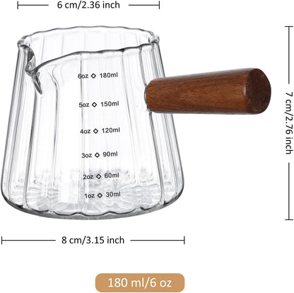 Joeyan 6 oz Grey Glass Measuring Cups with Spout,Borosilicate Glass Triple Pitcher with Scale,Origami Style Espresso Shot Glasses with Wood Handle for Coffee Milk,Dishwasher Safe