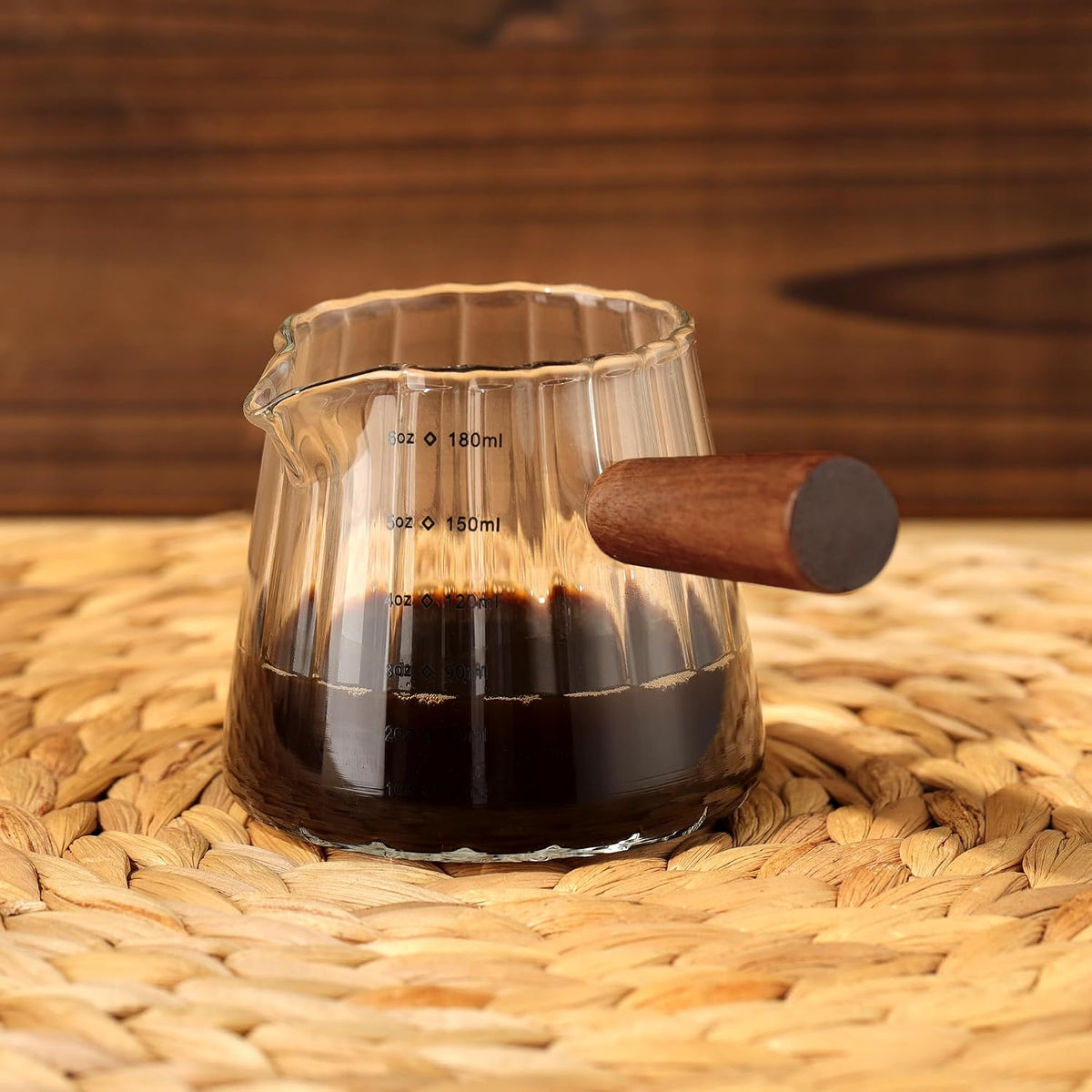 Joeyan 6 oz Grey Glass Measuring Cups with Spout,Borosilicate Glass Triple Pitcher with Scale,Origami Style Espresso Shot Glasses with Wood Handle for Coffee Milk,Dishwasher Safe