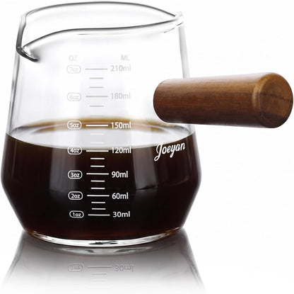 Joeyan 6 oz Grey Glass Measuring Cups with Spout,Borosilicate Glass Triple Pitcher with Scale,Origami Style Espresso Shot Glasses with Wood Handle for Coffee Milk,Dishwasher Safe