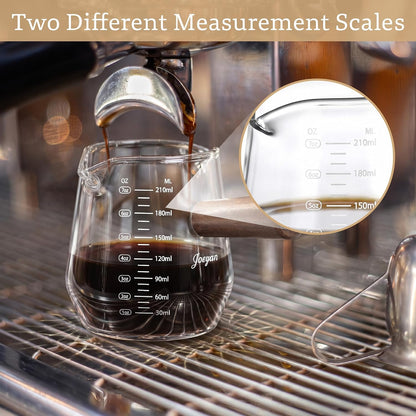 Joeyan 6 oz Grey Glass Measuring Cups with Spout,Borosilicate Glass Triple Pitcher with Scale,Origami Style Espresso Shot Glasses with Wood Handle for Coffee Milk,Dishwasher Safe