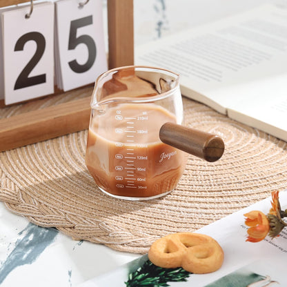 Joeyan 6 oz Grey Glass Measuring Cups with Spout,Borosilicate Glass Triple Pitcher with Scale,Origami Style Espresso Shot Glasses with Wood Handle for Coffee Milk,Dishwasher Safe