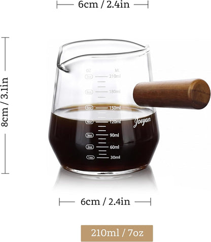 Joeyan 6 oz Grey Glass Measuring Cups with Spout,Borosilicate Glass Triple Pitcher with Scale,Origami Style Espresso Shot Glasses with Wood Handle for Coffee Milk,Dishwasher Safe