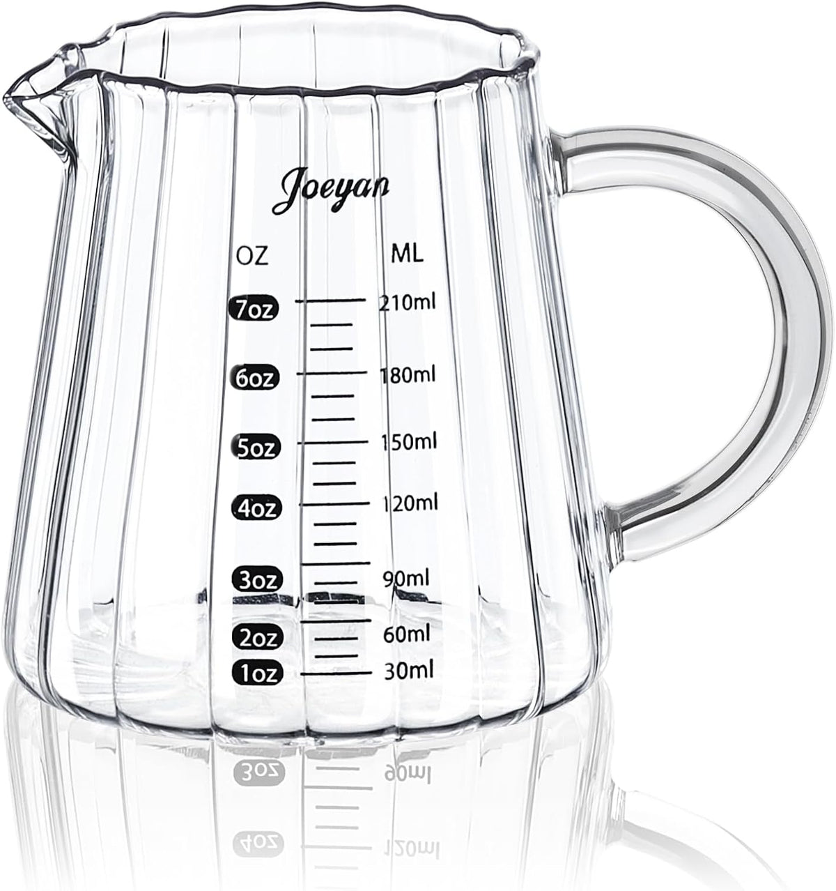 Joeyan 6 oz Grey Glass Measuring Cups with Spout,Borosilicate Glass Triple Pitcher with Scale,Origami Style Espresso Shot Glasses with Wood Handle for Coffee Milk,Dishwasher Safe