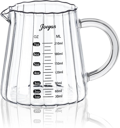 Joeyan 6 oz Grey Glass Measuring Cups with Spout,Borosilicate Glass Triple Pitcher with Scale,Origami Style Espresso Shot Glasses with Wood Handle for Coffee Milk,Dishwasher Safe