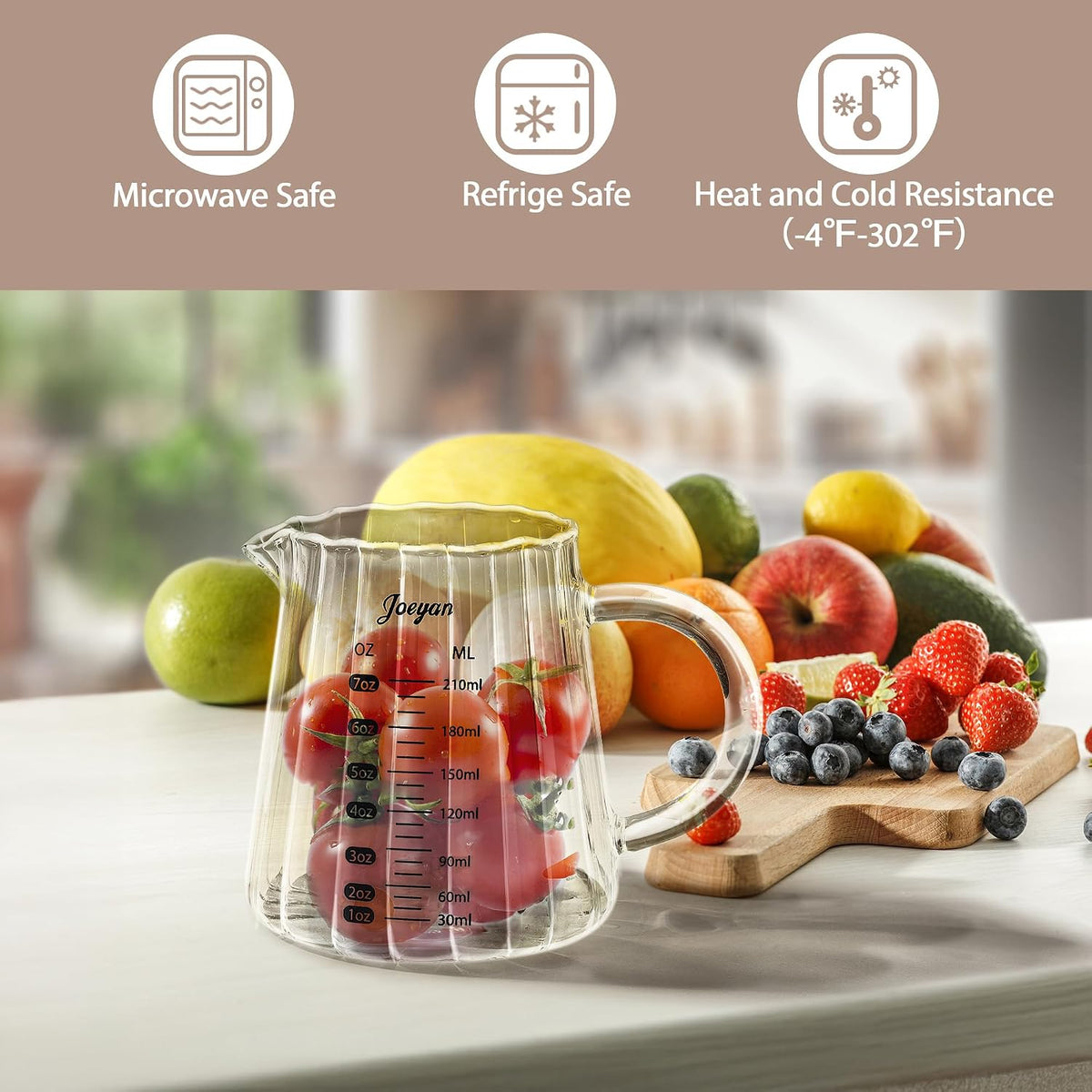 Joeyan 6 oz Grey Glass Measuring Cups with Spout,Borosilicate Glass Triple Pitcher with Scale,Origami Style Espresso Shot Glasses with Wood Handle for Coffee Milk,Dishwasher Safe