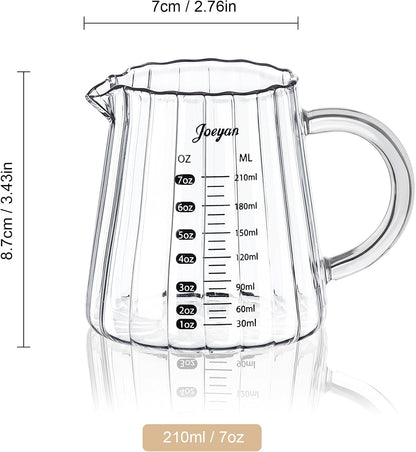 Joeyan 6 oz Grey Glass Measuring Cups with Spout,Borosilicate Glass Triple Pitcher with Scale,Origami Style Espresso Shot Glasses with Wood Handle for Coffee Milk,Dishwasher Safe