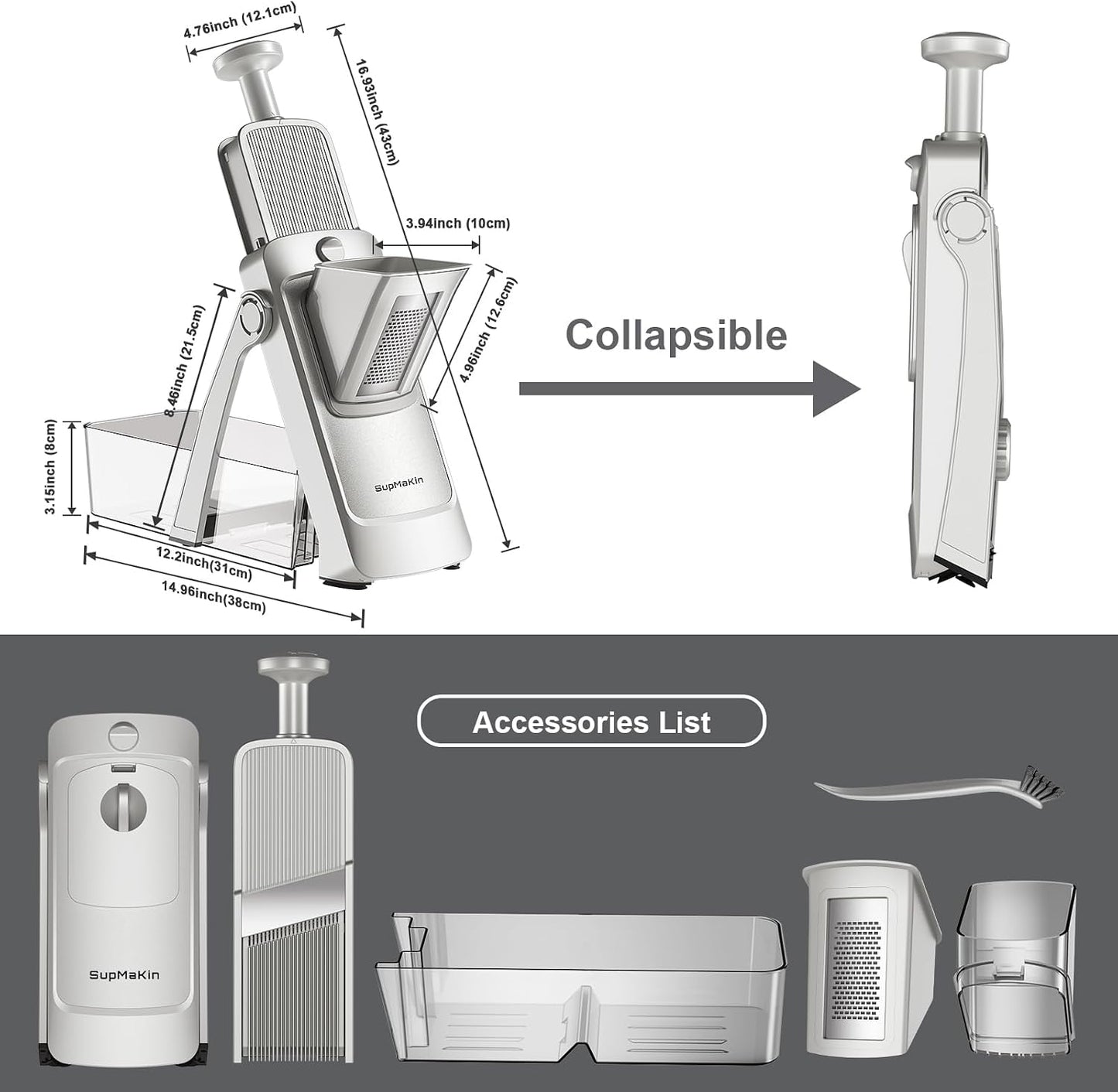 SupMaKin Safe Mandoline Slicer for Kitchen,Adjustable Potato Slicer 1-8 mm | for Vegetables Fruits Slicer with Container, Stainless Steel Blades,Faster Slicer Artifact Kitchen Gadgets Dishwasher Gifts