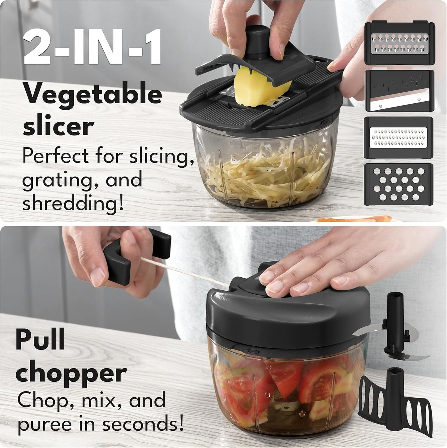 Manual Food Processor & Onion Chopper - 26 OZ incl. Useful Acessory I BPA-Free I Manual Food Chopper with pull string for garlic & veggie chop I Food mincer vegetable cutter hand pull held