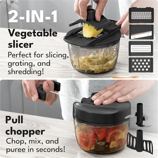 Manual Food Processor & Onion Chopper - 26 OZ incl. Useful Acessory I BPA-Free I Manual Food Chopper with pull string for garlic & veggie chop I Food mincer vegetable cutter hand pull held