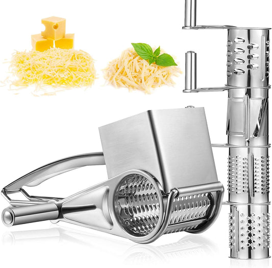 Rotary Cheese Grater Stainless Steel Handheld Rotary Parmesan Grater Cheese Cutter Slicer with 4 Stainless Drum for Grating Hard Chocolate Nuts Kitchen Tool