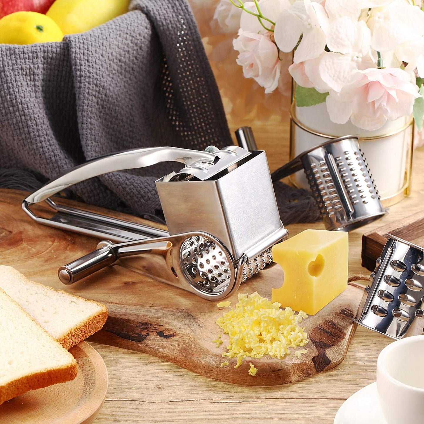 Rotary Cheese Grater Stainless Steel Handheld Rotary Parmesan Grater Cheese Cutter Slicer with 4 Stainless Drum for Grating Hard Chocolate Nuts Kitchen Tool