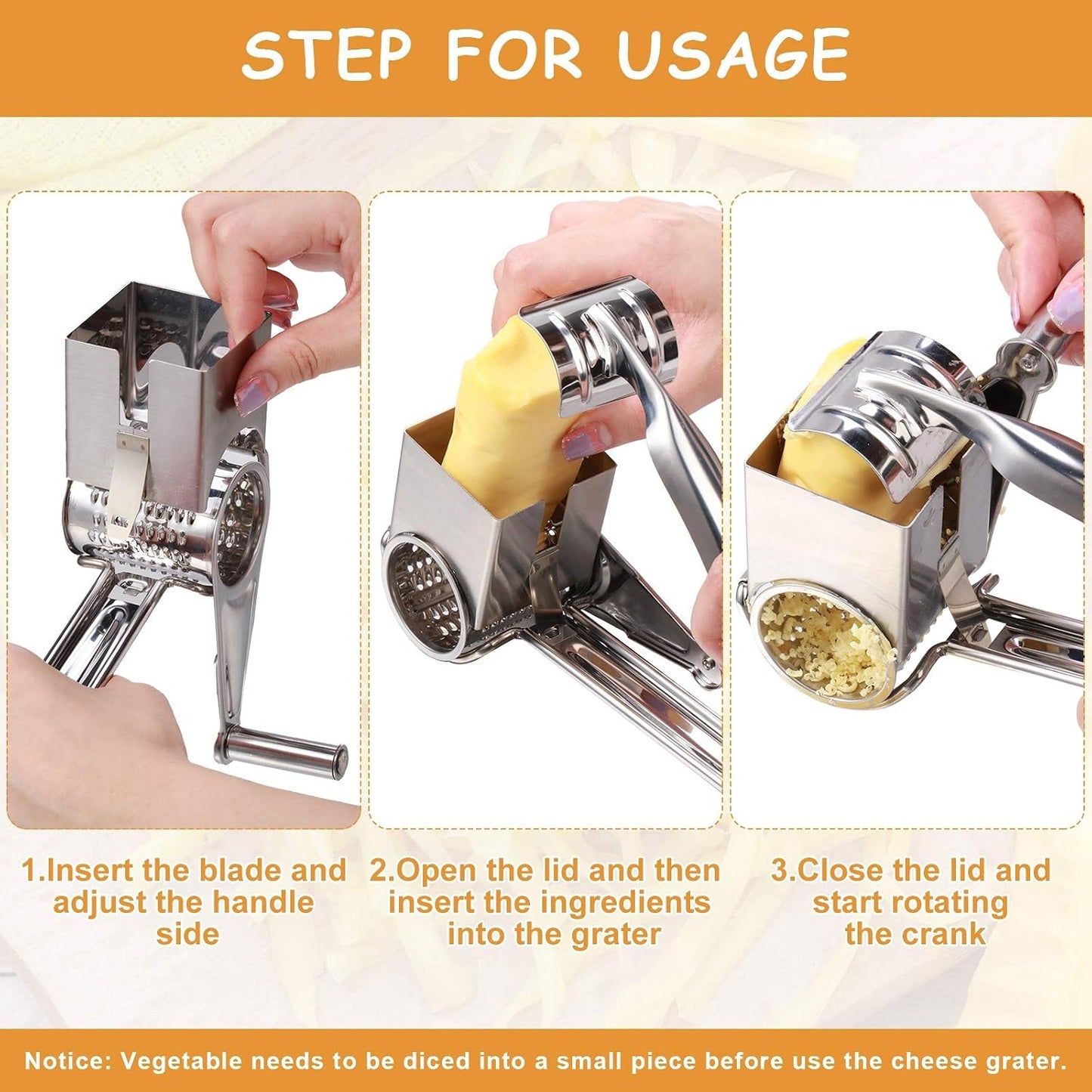 Rotary Cheese Grater Stainless Steel Handheld Rotary Parmesan Grater Cheese Cutter Slicer with 4 Stainless Drum for Grating Hard Chocolate Nuts Kitchen Tool