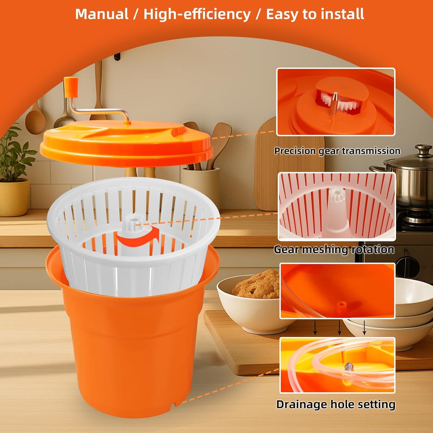 5 Gallon Salad Spinner,Large Capacity Vegetable Friuts Salad Dryer,Commercial Manual Salad Mixer for Restaurants Kitchen & Catering,Green & Orange. (Orange, 5 Gallon)
