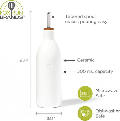 Fox Run White Ceramic Oil Bottle, 17 oz/500 ML Olive Oil Dispenser | Includes Pouring Spout & Cap To Minimize Mess | Beautiful White Ceramic Olive Oil Dispenser | Easily Cook & Make Salads