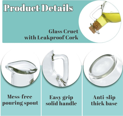 Oil and Vinegar Cruet Set of 2, Glass Dispenser with Airtight Stopper, Condiment Bottles for Salad Dressing