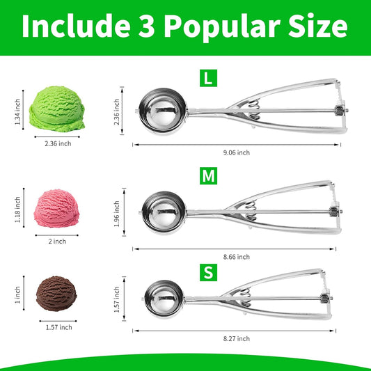 3PCS Ice Cream Scoop,Premium cookie scoop set,Small/Medium/Large stainless steel Scoops,Professional Ice cream Scooper with Trigger Release for Baking, Cookie, Fruit and Ice Cream