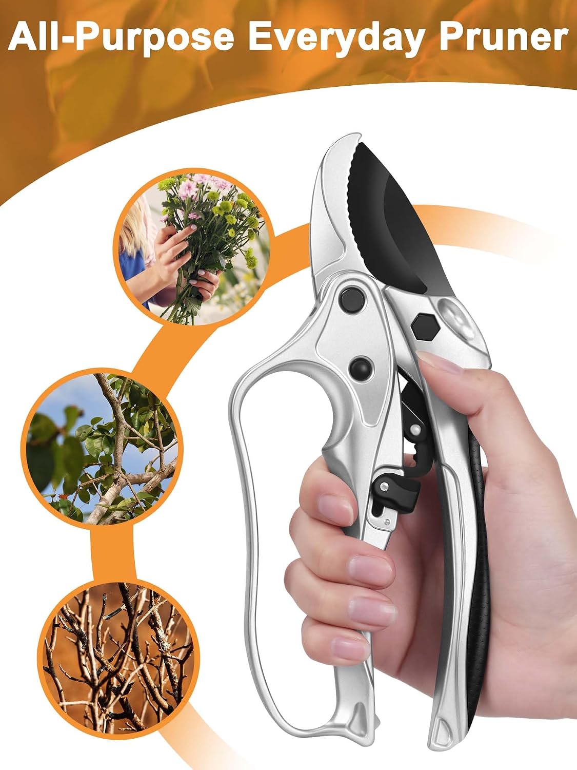 6.7" Lightweight Pruning Scissors, Garden Snips with Straight Stainless Steel Blades and Needle Point Tip, Gardening Trimmers for Flower stems, Herbs, Small Plants, Buds