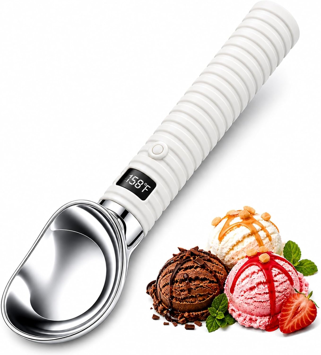 Heated Ice Cream Scoop for Hard Ice Cream, Gelato & Frozen Desserts, Electric Ice Cream Scooper with Smart Temperature & Battery Display, USB-C Rechargeable, Durable One-Piece Design (White)