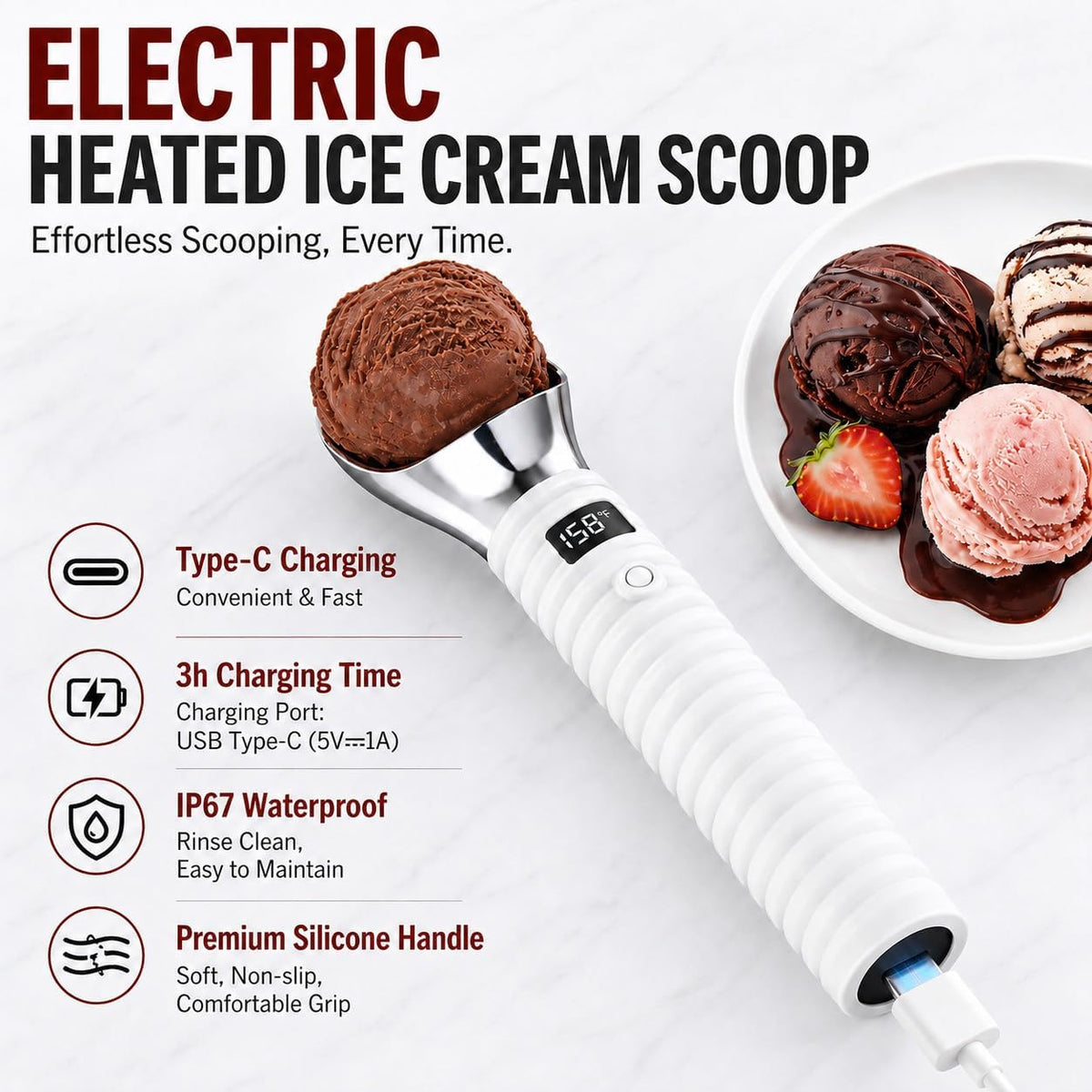 Heated Ice Cream Scoop for Hard Ice Cream, Gelato & Frozen Desserts, Electric Ice Cream Scooper with Smart Temperature & Battery Display, USB-C Rechargeable, Durable One-Piece Design (White)