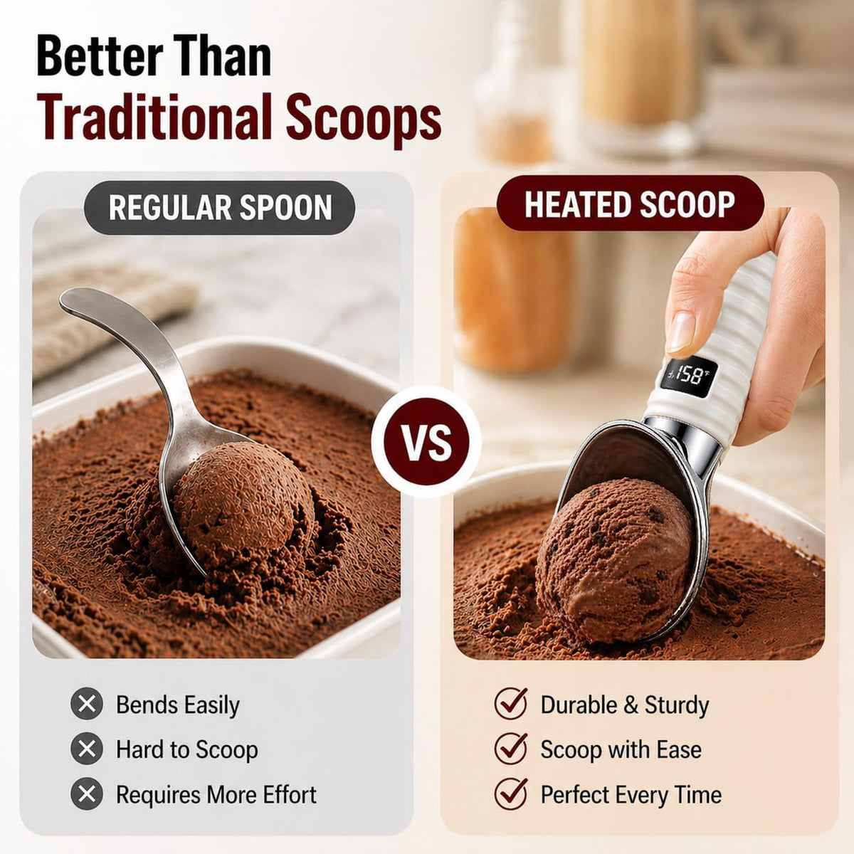Heated Ice Cream Scoop for Hard Ice Cream, Gelato & Frozen Desserts, Electric Ice Cream Scooper with Smart Temperature & Battery Display, USB-C Rechargeable, Durable One-Piece Design (White)