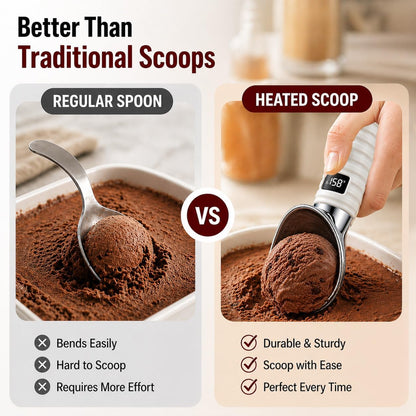 Heated Ice Cream Scoop for Hard Ice Cream, Gelato & Frozen Desserts, Electric Ice Cream Scooper with Smart Temperature & Battery Display, USB-C Rechargeable, Durable One-Piece Design (White)