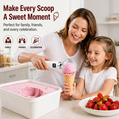 Heated Ice Cream Scoop for Hard Ice Cream, Gelato & Frozen Desserts, Electric Ice Cream Scooper with Smart Temperature & Battery Display, USB-C Rechargeable, Durable One-Piece Design (White)