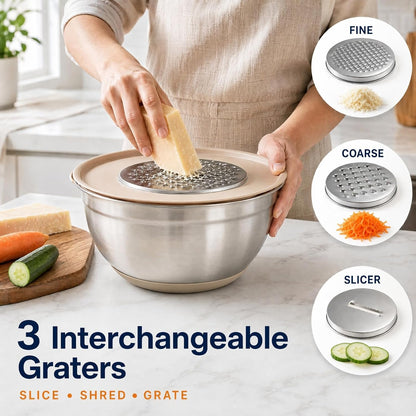 7QT 30PCS Mixing Bowls with Lids Set, 7QT to 1QT Stainless Steel Nesting Bowls with Graters, Non-Slip Silicone Bottom, Large Khaki Bowls & 21 Measuring Cups and Spoons Set Kitchen Appliances