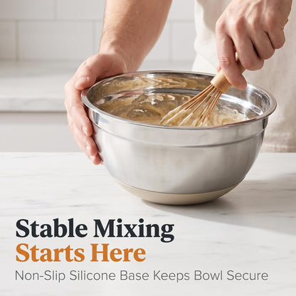 7QT 30PCS Mixing Bowls with Lids Set, 7QT to 1QT Stainless Steel Nesting Bowls with Graters, Non-Slip Silicone Bottom, Large Khaki Bowls & 21 Measuring Cups and Spoons Set Kitchen Appliances