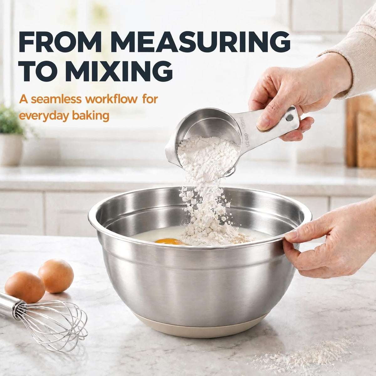 7QT 30PCS Mixing Bowls with Lids Set, 7QT to 1QT Stainless Steel Nesting Bowls with Graters, Non-Slip Silicone Bottom, Large Khaki Bowls & 21 Measuring Cups and Spoons Set Kitchen Appliances