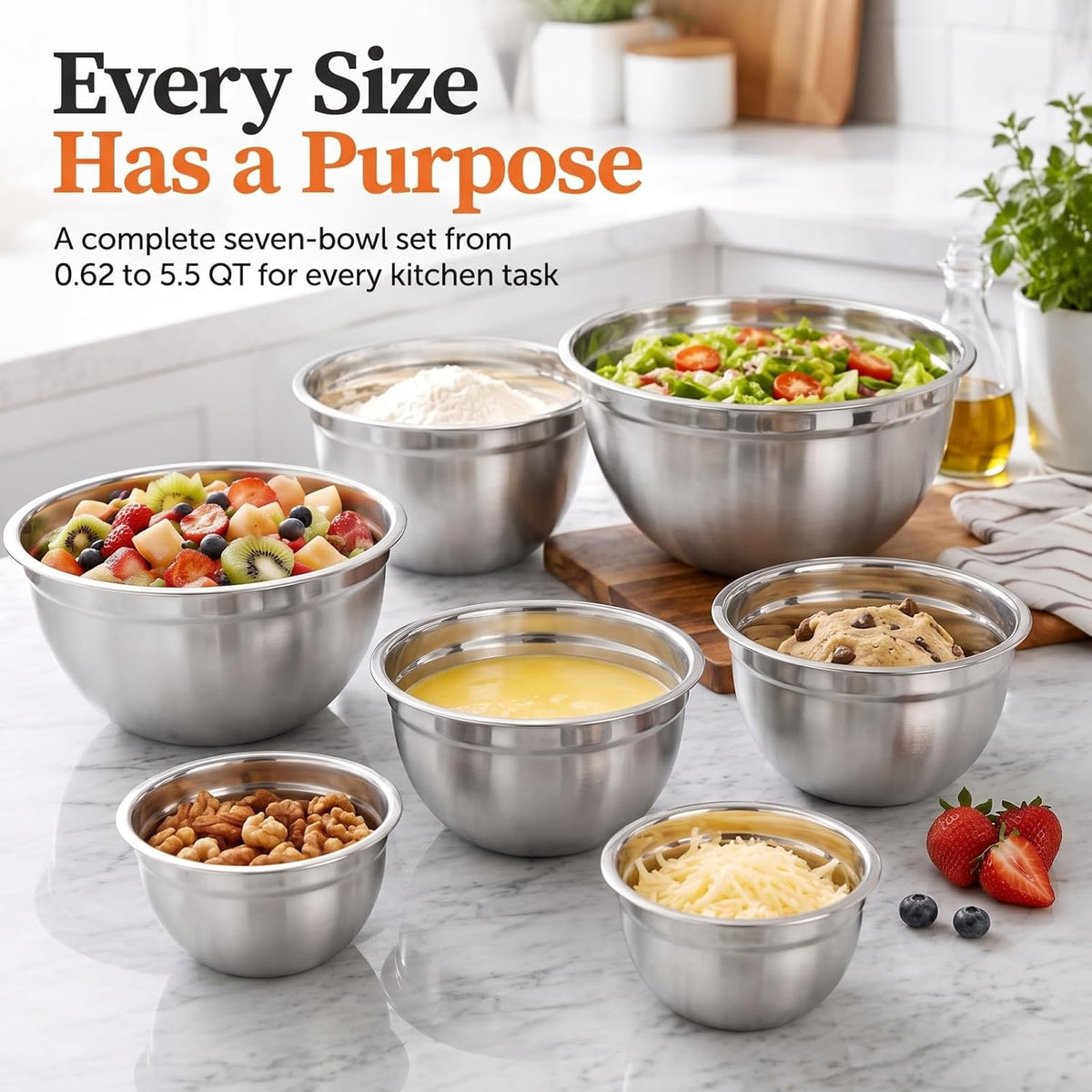 7QT 30PCS Mixing Bowls with Lids Set, 7QT to 1QT Stainless Steel Nesting Bowls with Graters, Non-Slip Silicone Bottom, Large Khaki Bowls & 21 Measuring Cups and Spoons Set Kitchen Appliances