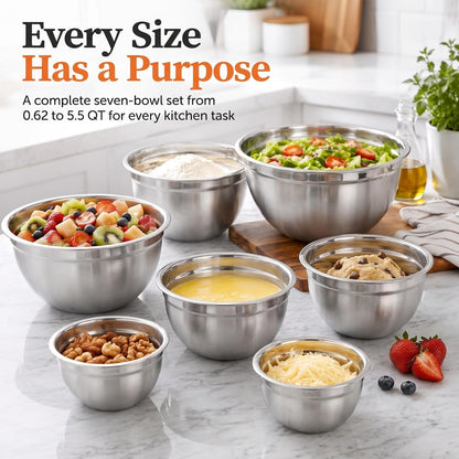 7QT 30PCS Mixing Bowls with Lids Set, 7QT to 1QT Stainless Steel Nesting Bowls with Graters, Non-Slip Silicone Bottom, Large Khaki Bowls & 21 Measuring Cups and Spoons Set Kitchen Appliances