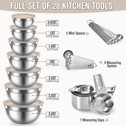 7QT 30PCS Mixing Bowls with Lids Set, 7QT to 1QT Stainless Steel Nesting Bowls with Graters, Non-Slip Silicone Bottom, Large Khaki Bowls & 21 Measuring Cups and Spoons Set Kitchen Appliances