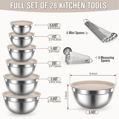 7QT 30PCS Mixing Bowls with Lids Set, 7QT to 1QT Stainless Steel Nesting Bowls with Graters, Non-Slip Silicone Bottom, Large Khaki Bowls & 21 Measuring Cups and Spoons Set Kitchen Appliances