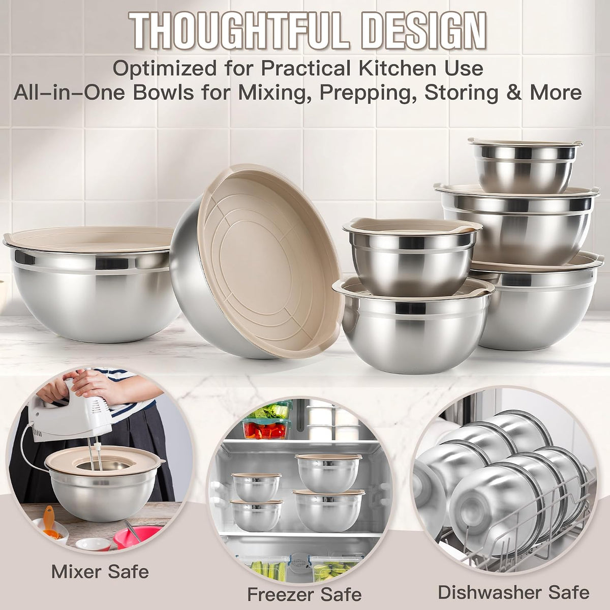 7QT 30PCS Mixing Bowls with Lids Set, 7QT to 1QT Stainless Steel Nesting Bowls with Graters, Non-Slip Silicone Bottom, Large Khaki Bowls & 21 Measuring Cups and Spoons Set Kitchen Appliances