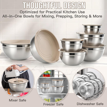 7QT 30PCS Mixing Bowls with Lids Set, 7QT to 1QT Stainless Steel Nesting Bowls with Graters, Non-Slip Silicone Bottom, Large Khaki Bowls & 21 Measuring Cups and Spoons Set Kitchen Appliances
