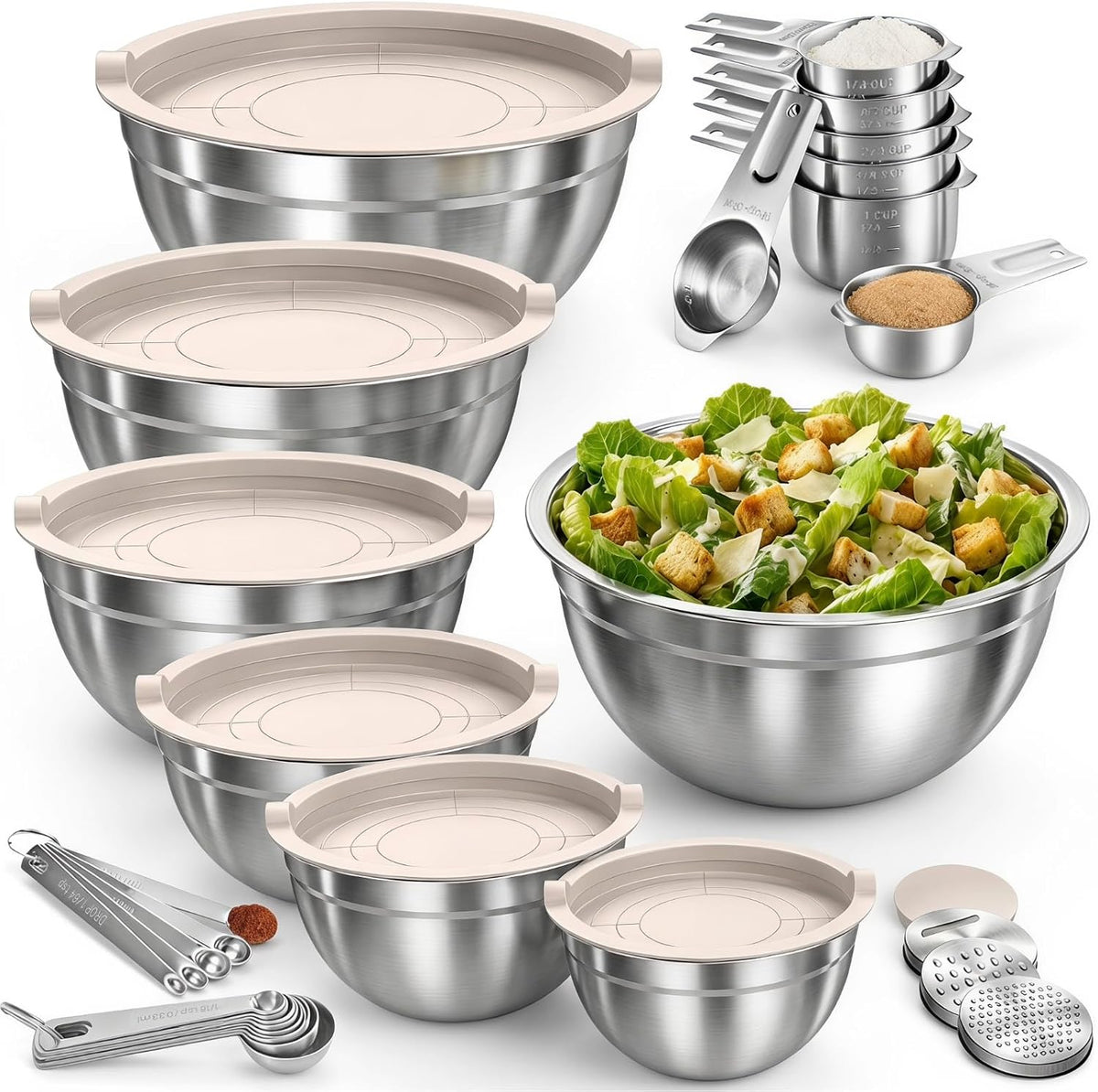 7QT 30PCS Mixing Bowls with Lids Set, 7QT to 1QT Stainless Steel Nesting Bowls with Graters, Non-Slip Silicone Bottom, Large Khaki Bowls & 21 Measuring Cups and Spoons Set Kitchen Appliances