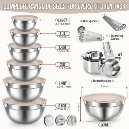 7QT 30PCS Mixing Bowls with Lids Set, 7QT to 1QT Stainless Steel Nesting Bowls with Graters, Non-Slip Silicone Bottom, Large Khaki Bowls & 21 Measuring Cups and Spoons Set Kitchen Appliances