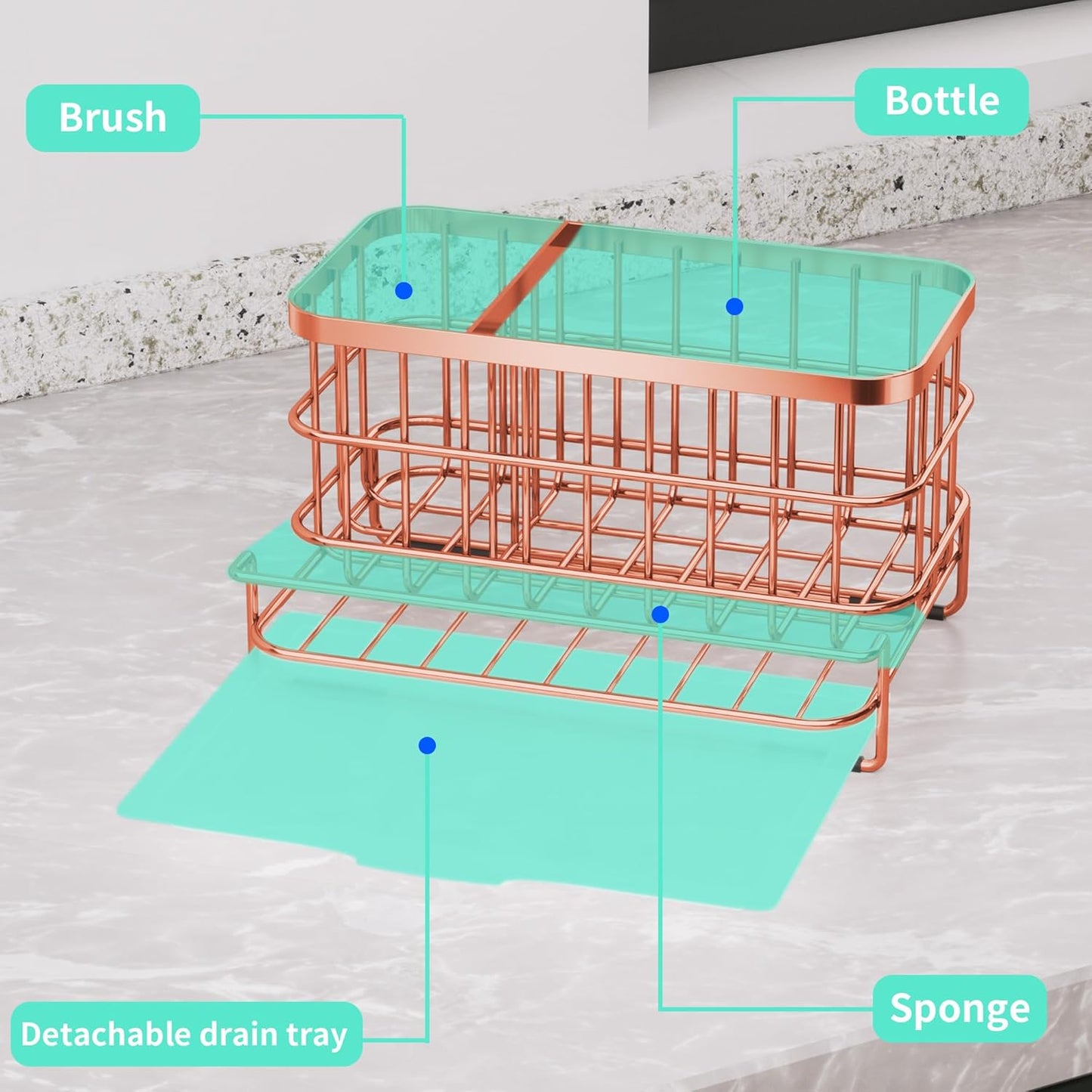 Kitchen Sink Organizer, SUS304 Stainless Steel Rustproof Multifunctional Large Sink Caddy with Sponge Holder and Drain Tray for Kitchen Countertop (Silver)