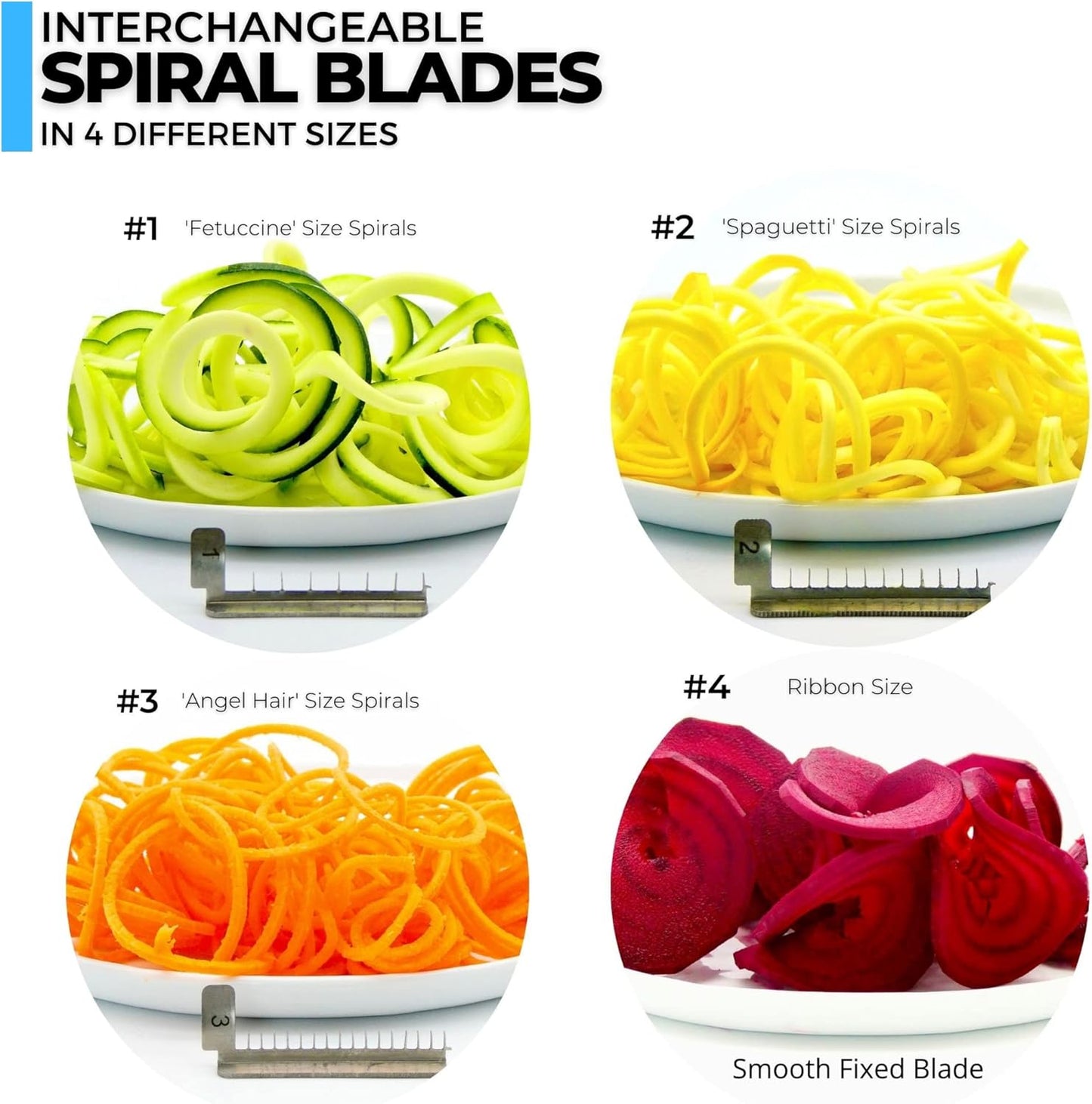 4-Blade Zucchini Spiralizer Noodle Maker with 3 Blades and 1 Built-In | Spiralizer for Veggie Noodles for Use with Zucchini, Carrots, Beets, or Any Hard Vegetable or Fruit
