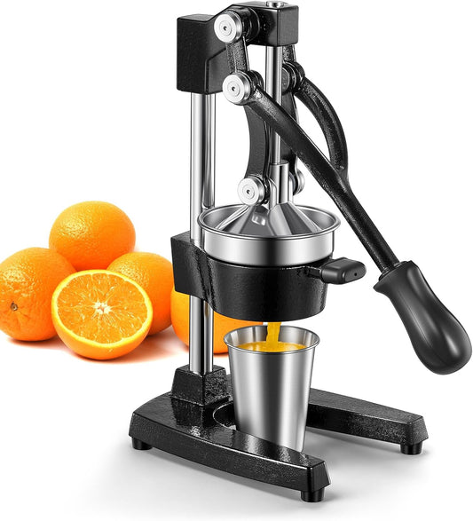 Manual Citrus Juicer Cast Iron Heavy Duty Orange Press | Stainless Steel Strainer, Hand Squeezer, Easy To Clean, For Orange, Lemon, Lime And Grapefruit, Black