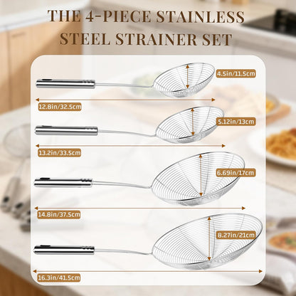 Spider Strainer Set of 4, Stainless Steel Skimmers, 4 Sizes